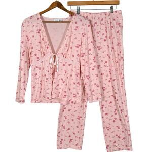 QUE 100% Cotton Pajama Set Pink Floral Top M Pants S Cottagecore Sleepwear